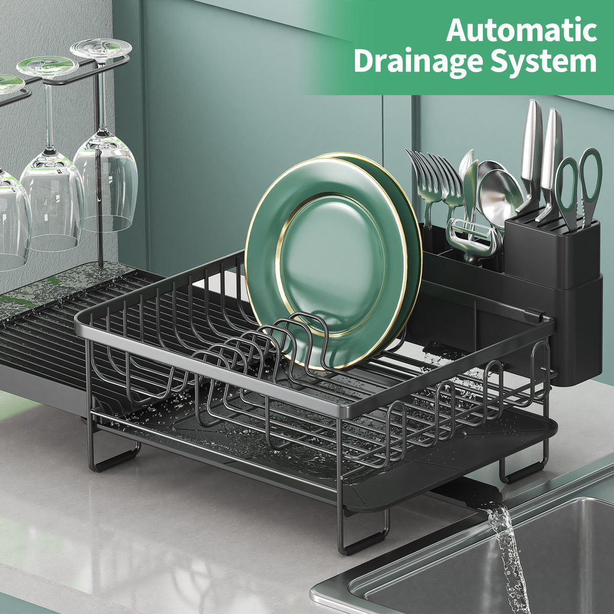 BEHERZT Expandable Dish Drying Rack, Large Capacity Dish Drainer, Plate Rack, Dish Rack with Wine Glasses, Black