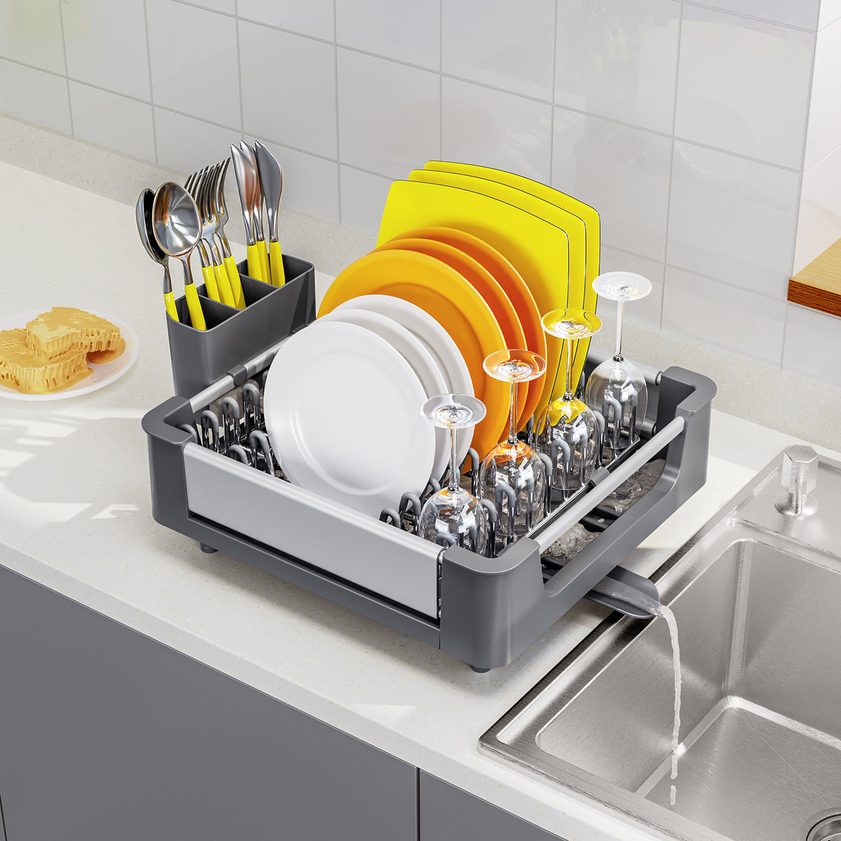 BEHERZT Extendable Dish Drying Rack, Dish Drainer for Kitchen Counter, Aluminum, Plate Rack, Gray