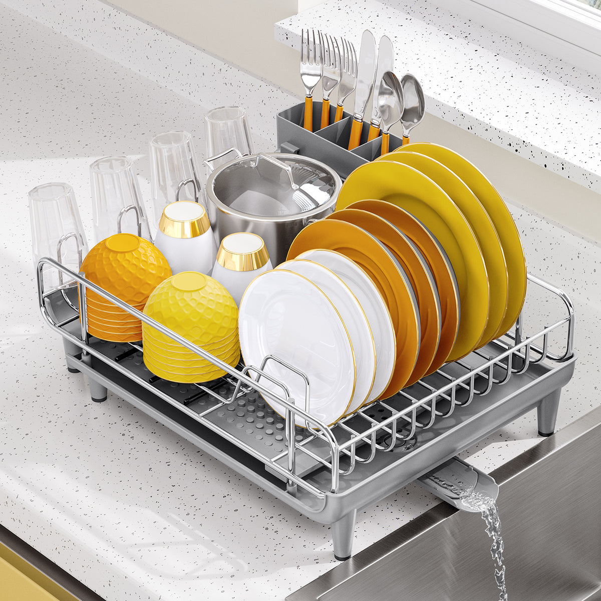 BEHERZT Extendable Dish Drainer, Dish Drying Rack, Stainless Steel, Plate Rack, 25.39" x 11.42" x 1.77", Gray