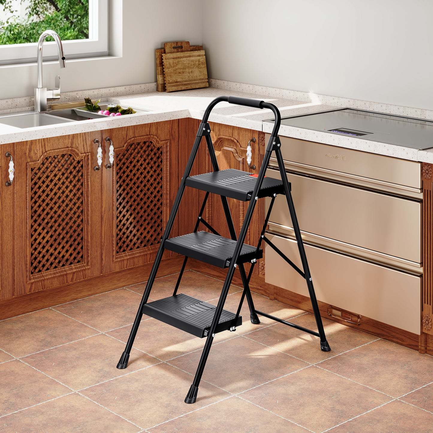 3 Step Stool, KK KINGRACK Folding Step Ladder with Wide Pedal&Safety Lock, 500 LBS, Black(2228-3)