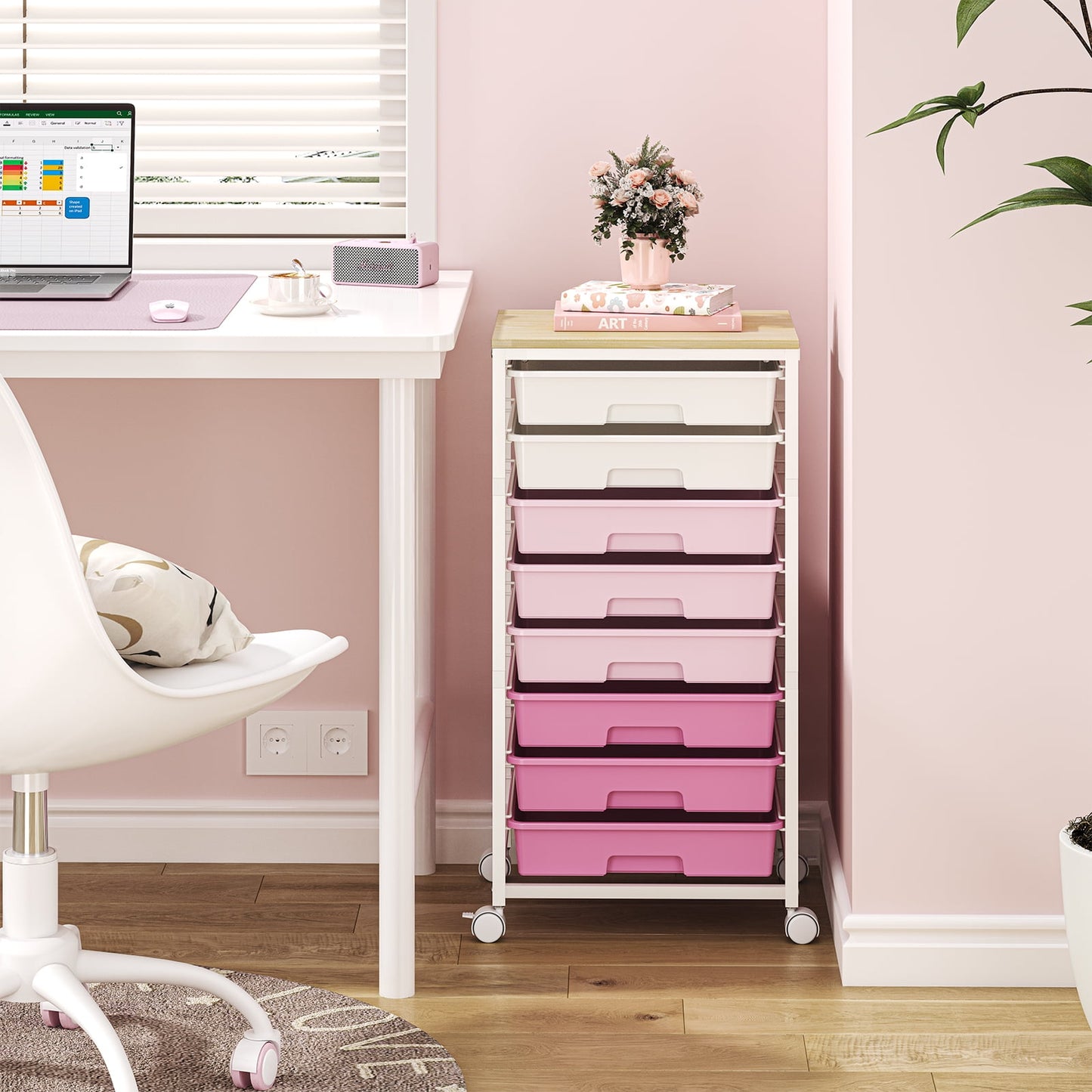 KK KINGRACK Storage Rolling Cart with 8 Drawers,Wooden Tabletop, Metal & Plastic,Pink (WK830924-4)