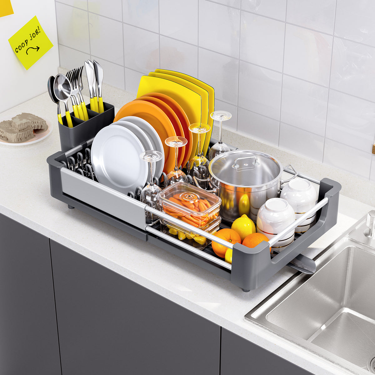 BEHERZT Extendable Dish Drying Rack, Dish Drainer for Kitchen Counter, Aluminum, Plate Rack, Gray