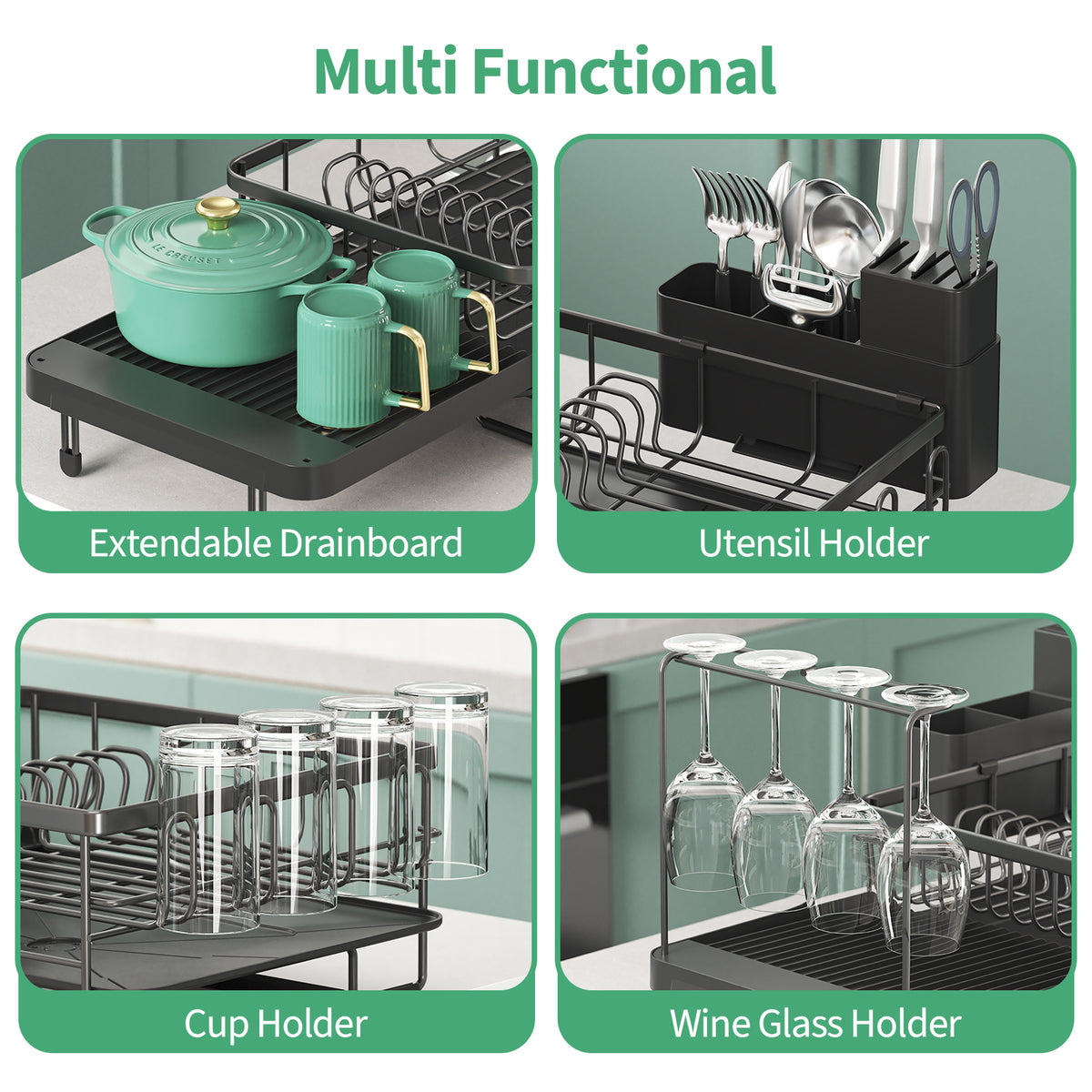 BEHERZT Expandable Dish Drying Rack, Large Capacity Dish Drainer, Plate Rack, Dish Rack with Wine Glasses, Black