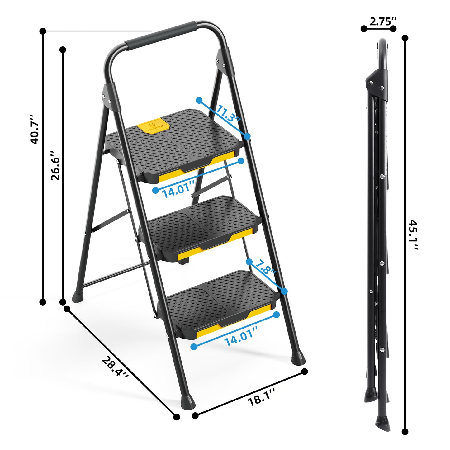 KK KINGRACK 3 Step Ladder, Folding Step Stool with Non-Slip Feet for Home, 800 lbs Capacity, Black (TZ2223-3)