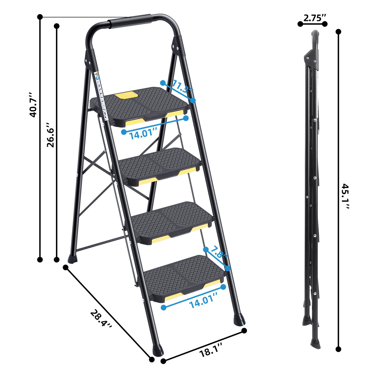 KK KINGRACK 4 Step Stool, Folding Step Ladder for Home&Outdoor, 800 lbs Capacity, Black（TZ2223-4）