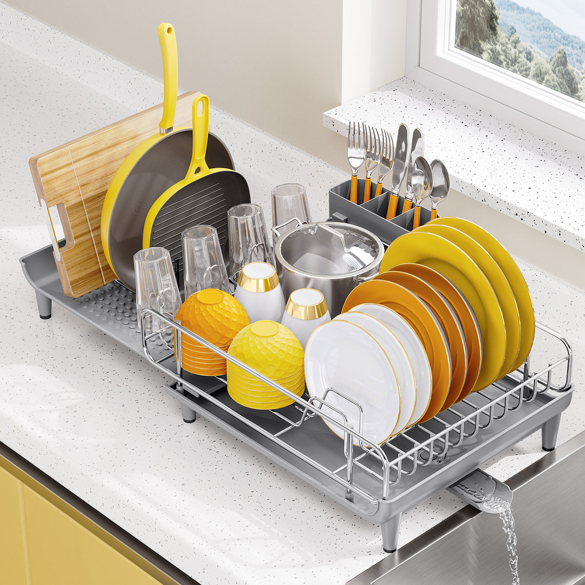 BEHERZT Extendable Dish Drainer, Dish Drying Rack, Stainless Steel, Plate Rack, 25.39" x 11.42" x 1.77", Gray