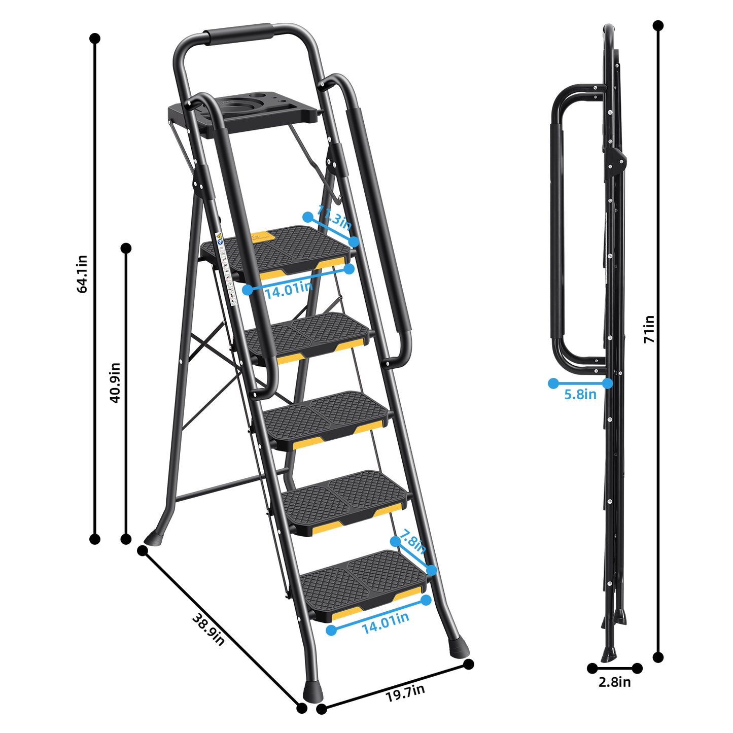 KK KINGRACK 6 Step Ladder, Metal Ladder with Tool Platform&Handrails, 800 lbs Capacity, Black（TZ2223-6D）