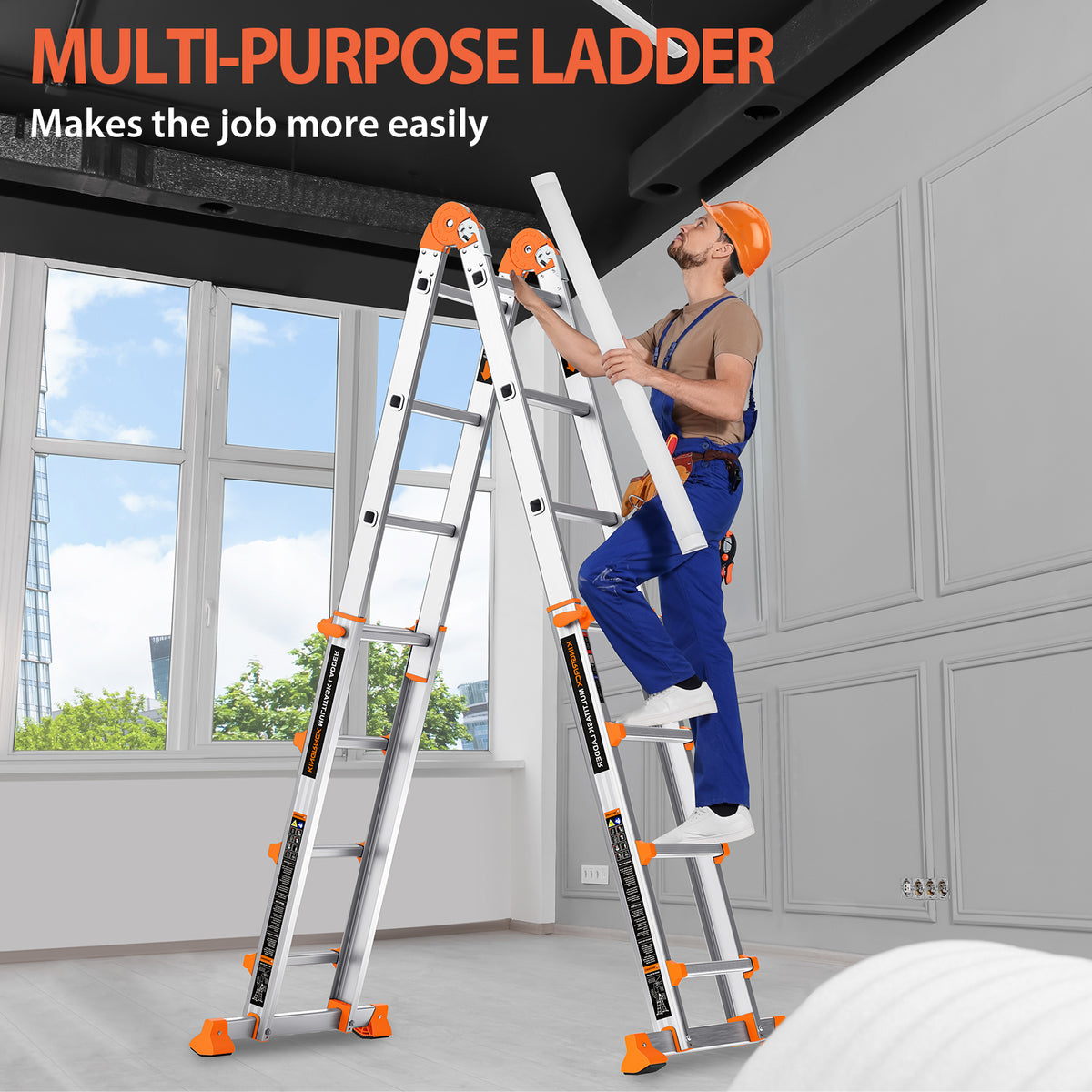 KINGRACK Ladder, A Frame 4 Step Extension Ladder, 14 Ft Anti-Slip Multi Position Ladder with Stabilizer Bar, 330 lbs Security Load Telescoping Aluminum Ladders for Stairs Home Outdoor Roof Work