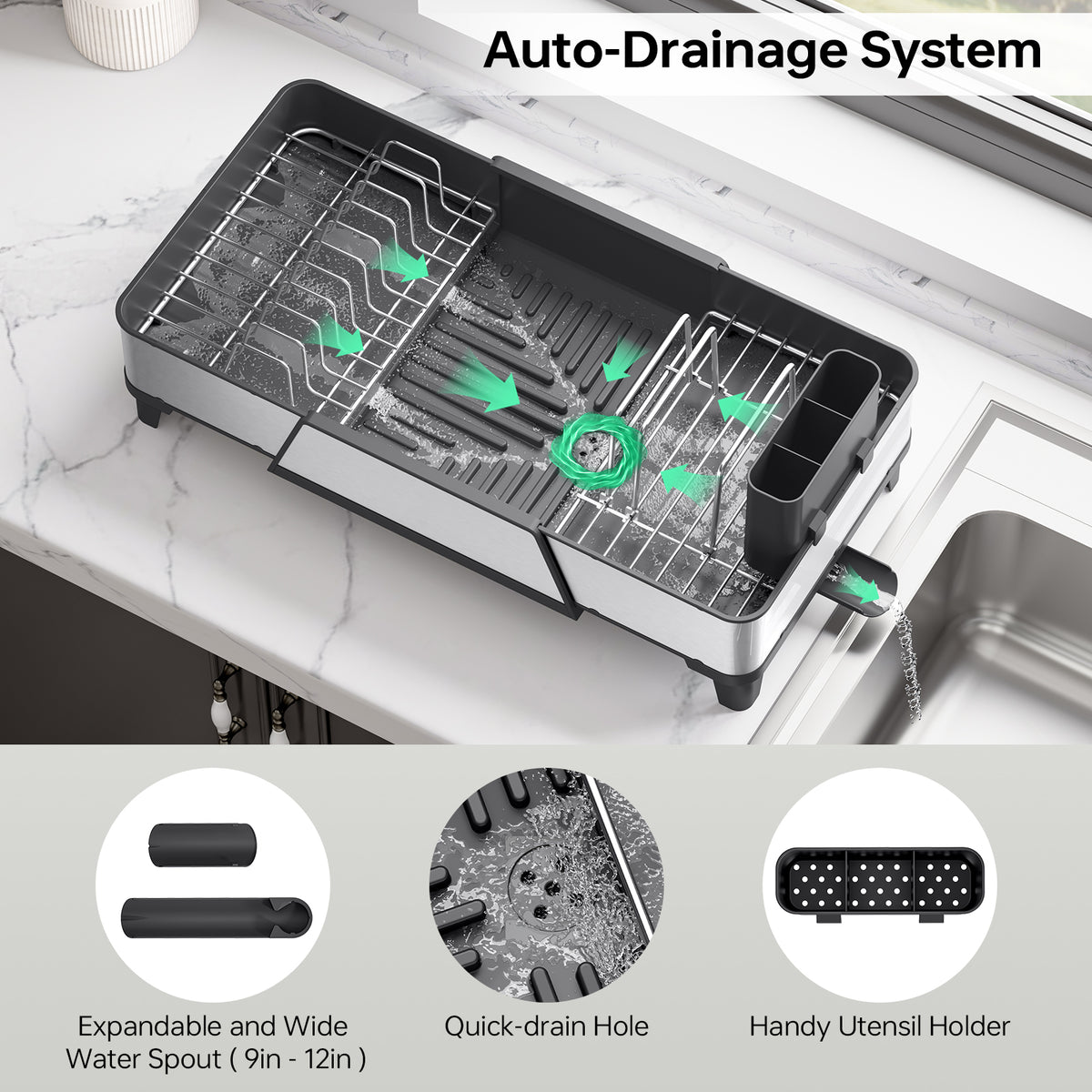 BEHERZT Extendable Dish Drying Rack, Dish Drainer for Kitchen Counter, Stainless Steel, Plate Rack, Black