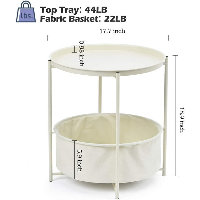Kingrack Round End Table, Sofa Side Table with Storage Basket, Coffee Round Table, Small Bed Nightstand for Living Room Bedroom, Cream, WK131033-BGWT