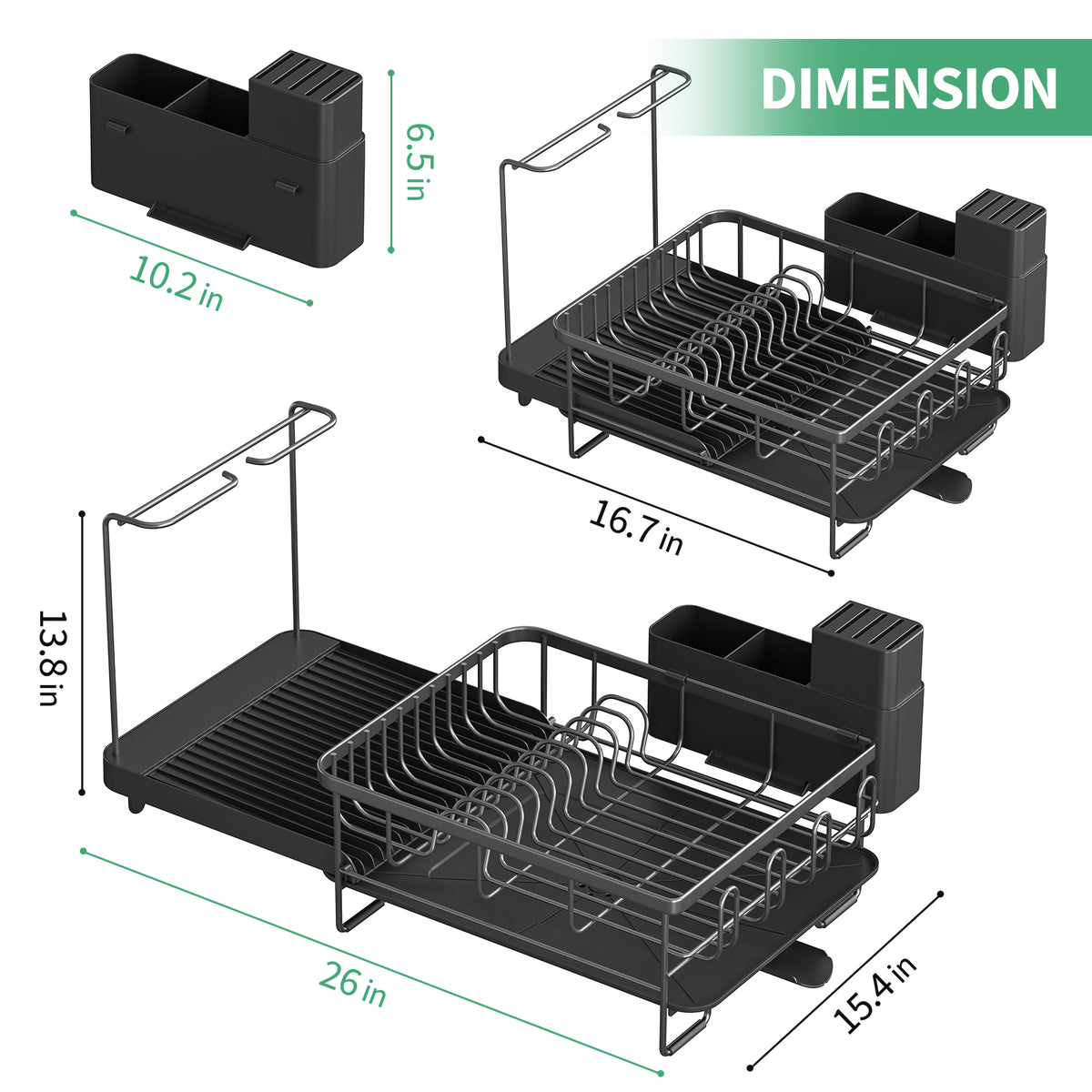 BEHERZT Expandable Dish Drying Rack, Large Capacity Dish Drainer, Plate Rack, Dish Rack with Wine Glasses, Black