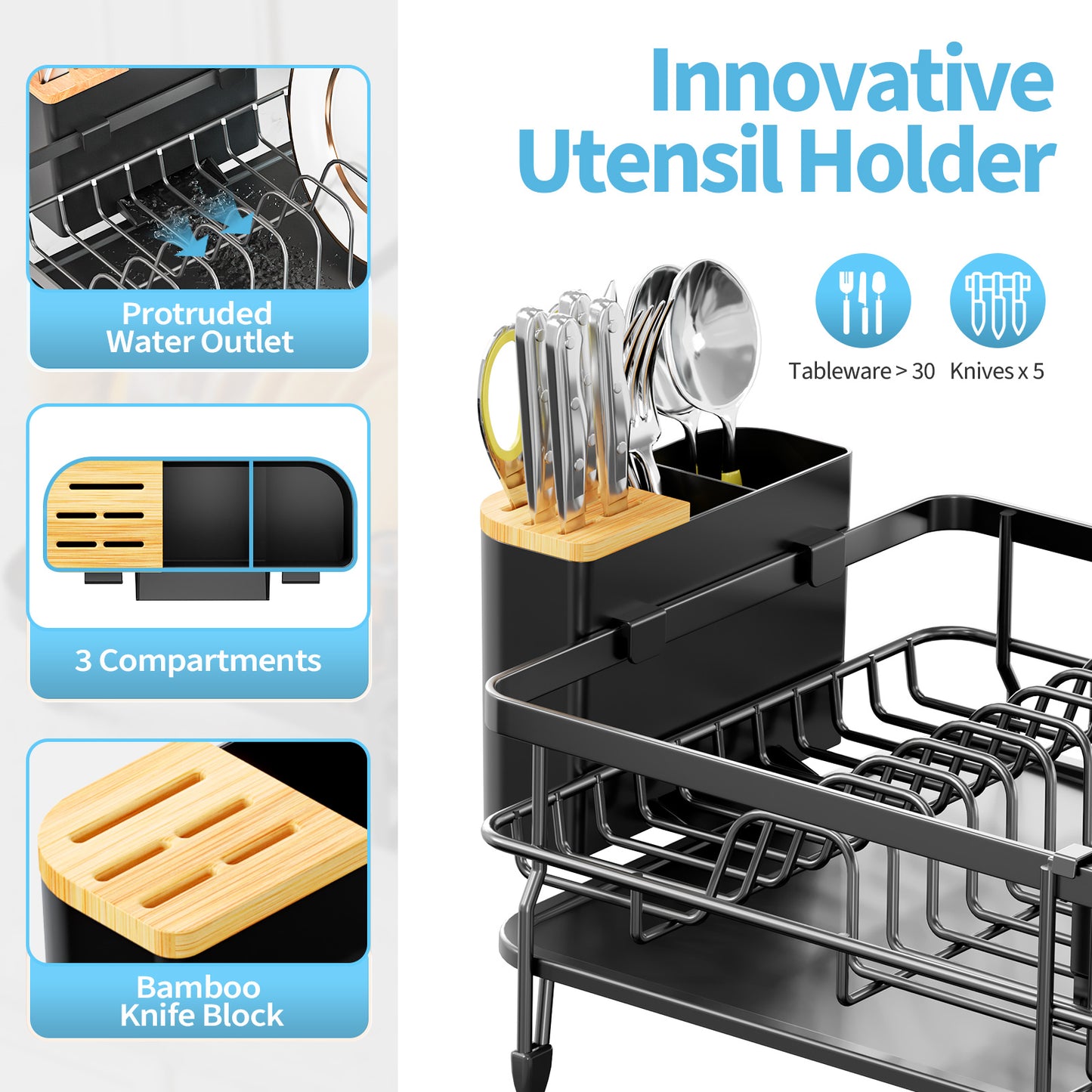 KK KINGRACK Dish Drying Rack, Expandable Dish Drainer with Utensil Holder for Kitchen Organizer, Black (WK810374-2)