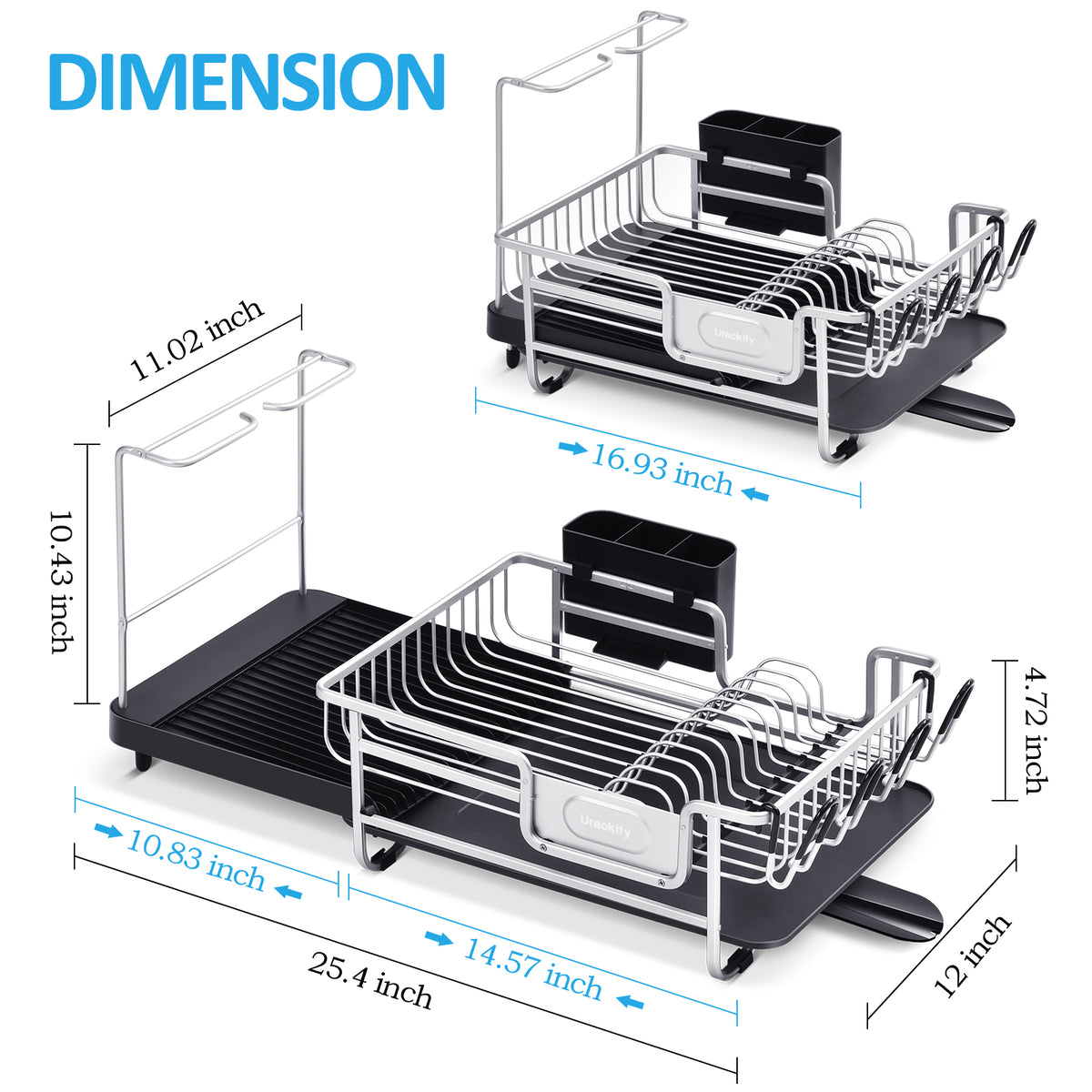 BEHERZT Expandable Dish Drainer, Aluminum Kitchen Dish Drying Rack, Plate Rack, Large Capacity, Black