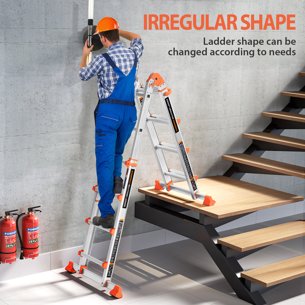 KINGRACK Ladder, A Frame 4 Step Extension Ladder, 14 Ft Anti-Slip Multi Position Ladder with Stabilizer Bar, 330 lbs Security Load Telescoping Aluminum Ladders for Stairs Home Outdoor Roof Work