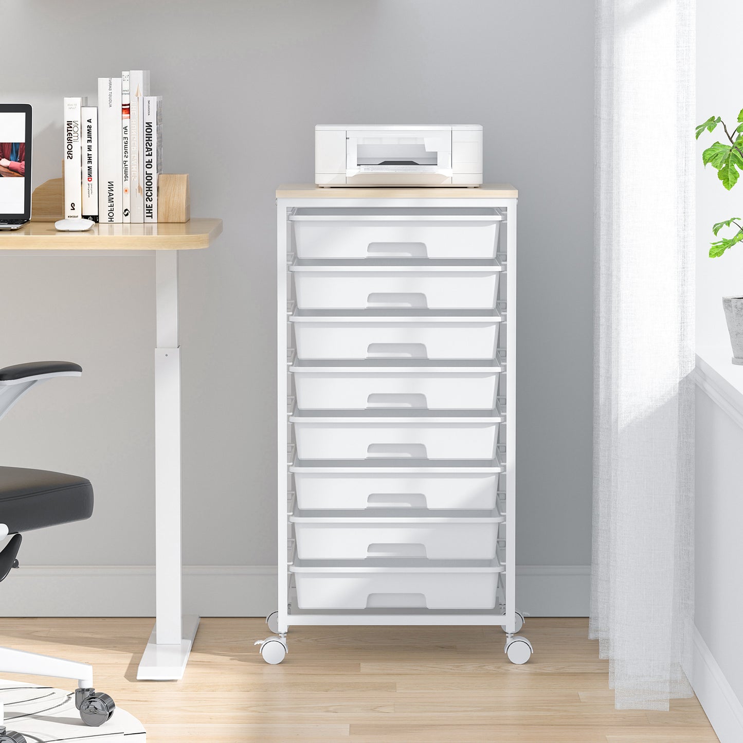 KK KINGRACK Storage Rolling Drawer Cart, Drawer Organizer with 8 Drawers and Wooden Tabletop, Metal & Plastic, White (BZ830924-6)