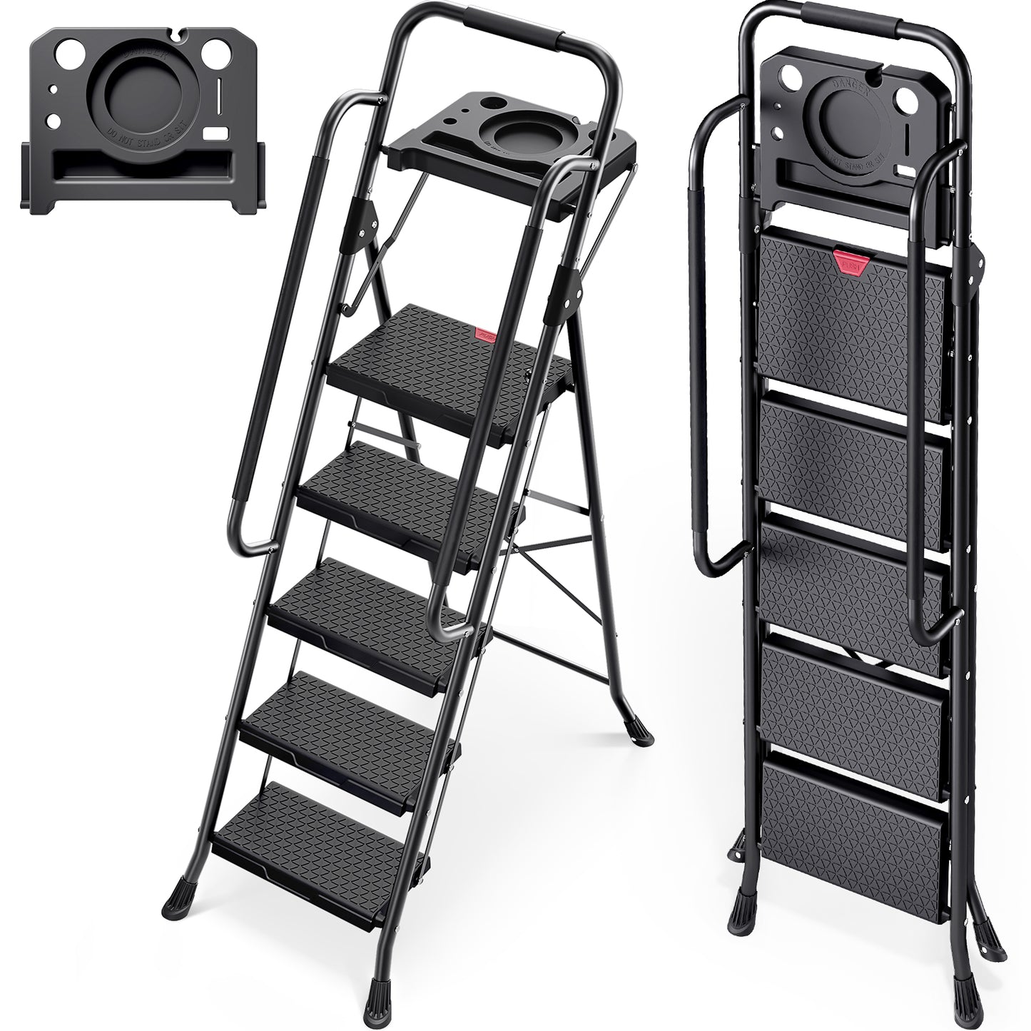 KINGRACK 2 Step Ladder, Folding Step Stool with Handrails, Black