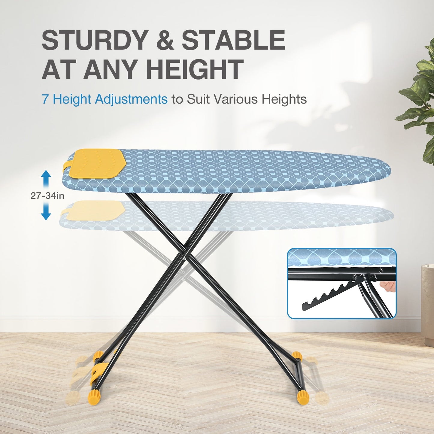 KK KINGRACK Ironing Board, Iron Board Full Size with Hanger & Rotating Nonslip Feet, 7 Level Height Adjustable, 43x13 in, Yellow (P1343HT-19-28Y)