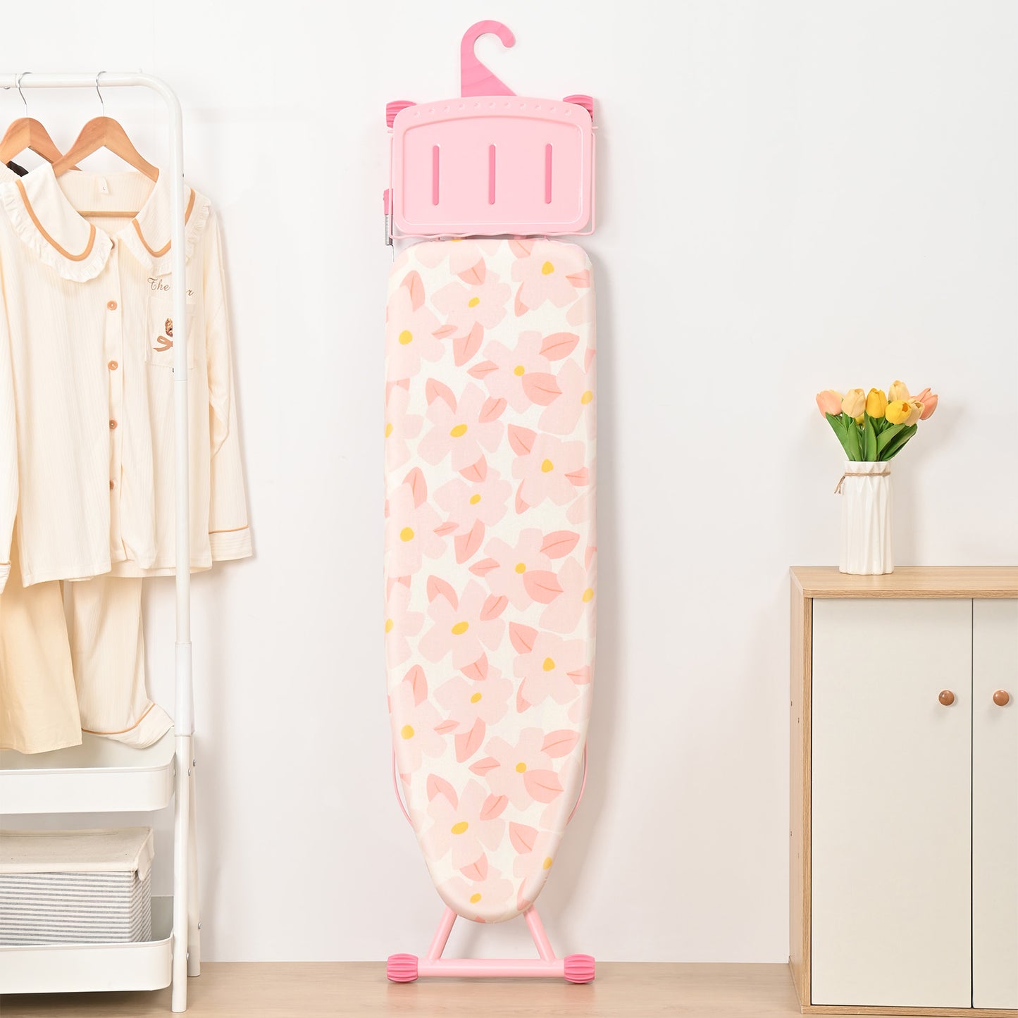 TOOLF Ironing Board, Multi-use Iron Board with Hanger & Iron Rest, 7 Adjustable Heights, 43x13", Pink (QP1343HT2-P)