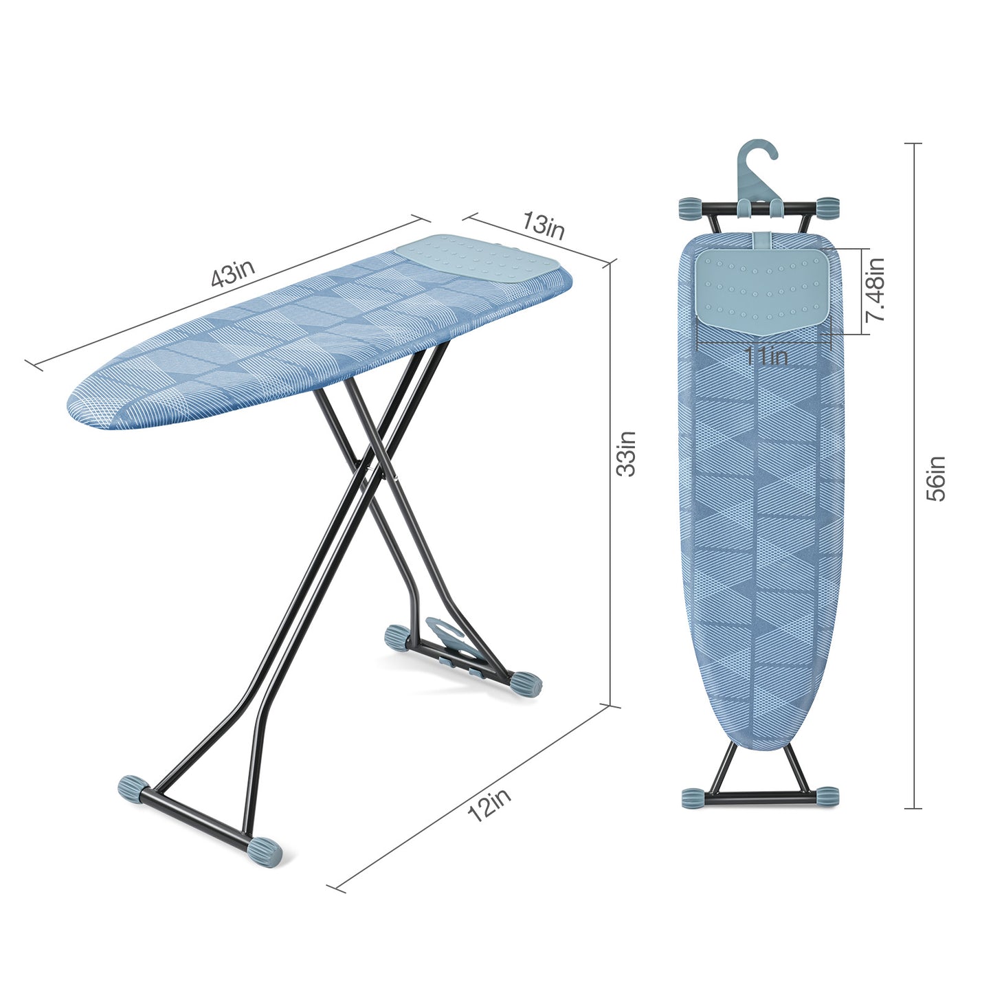 KINGRACK Ironing Board, Iron Board Full Size with Hanger & Rotating Nonslip Feet, 7 Level Height Adjustable, 43x13 in, Blue(RYP1343HT-19-28B)