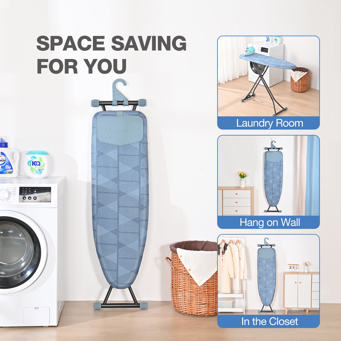 KINGRACK Ironing Board, Iron Board Full Size with Hanger & Rotating Nonslip Feet, 7 Level Height Adjustable, 43x13 in, Blue(RYP1343HT-19-28B)