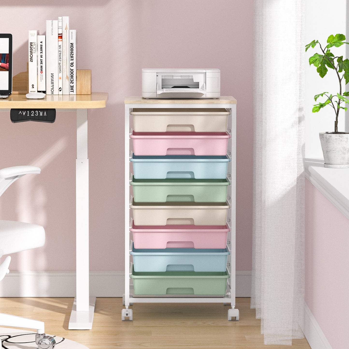 KK KINGRACK Storage Rolling Drawer Cart, Drawer Organizer with 8 Drawers and Wooden Tabletop, Metal & Plastic, Multicolor (BZ830924-1)