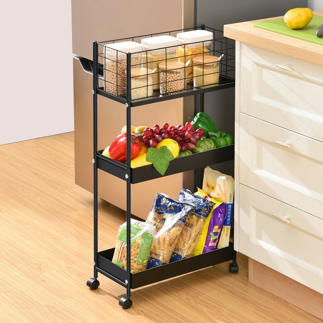 KINGRACK 3-Tier Metal Utility Rolling Cart with Wheels, Garage Storage, Slim Storage Cart for Office Kitchen Bathroom Narrow Place, File Black, RY810076-B