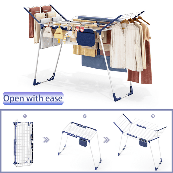 Clothes Drying Rack, KK KINGRACK Foldable Drying Rack with Large Space & Sock Clips, Laundry Rack with 4 Drying Wings, Indoor Outdoor, White