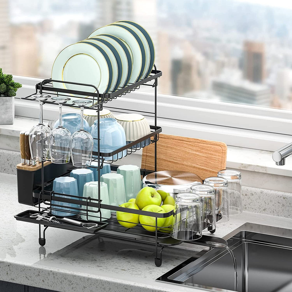 TOOLF Dish Drying Rack, 3-Tier Foldable Drying Rack for Kitchen with Tray and Utensil Holder, 16.89"L x12.64"W x6.81"H, Black(WK810680)