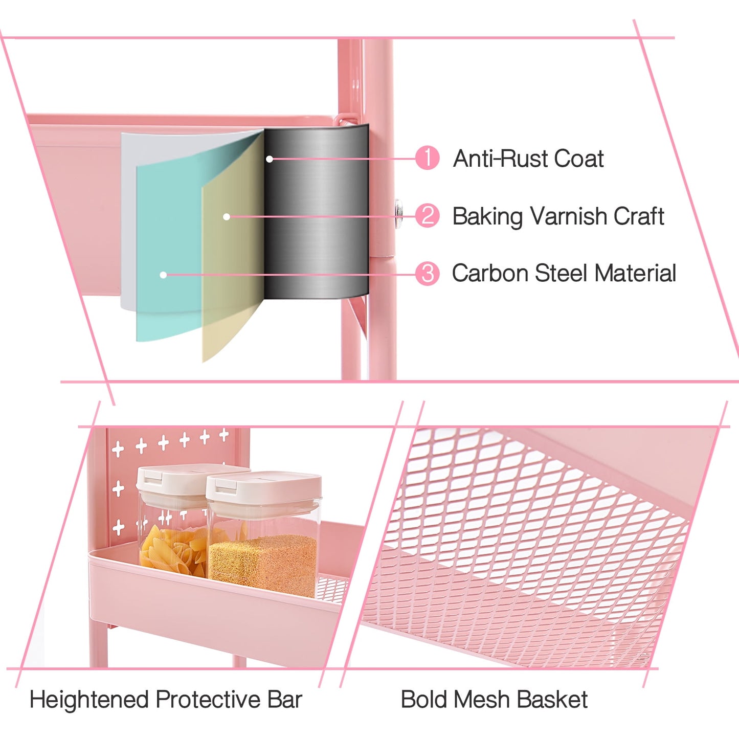 TOOLF 3-Tier Rolling Cart, Utility Storage Cart with DIY Dual Pegboards, Organizer Serving Trolley, Pink (WK830573-P)