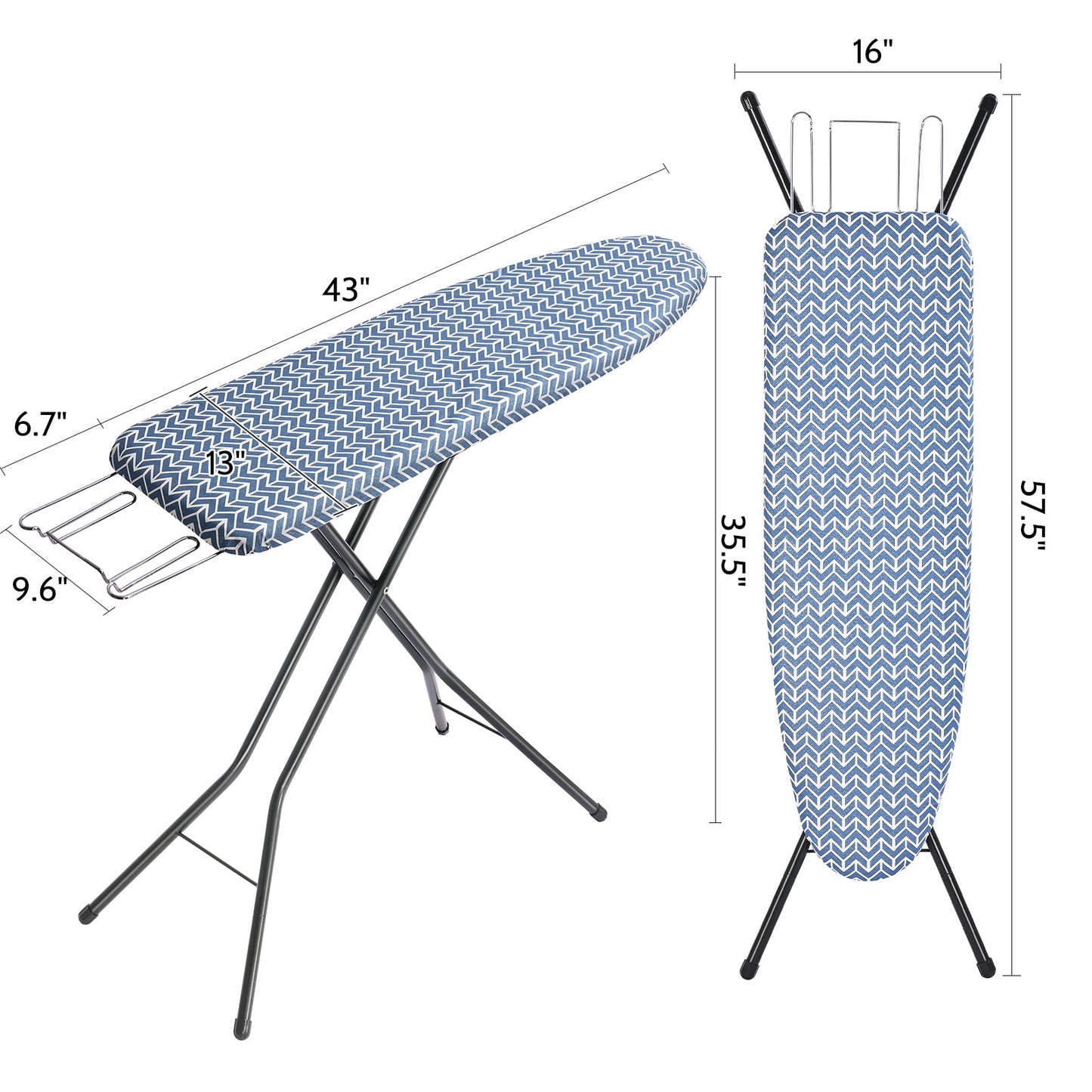 TOOLF Ironing Board, Iron Board with Heat Resistant Cover & Iron Rest, 7 Height Adjustable, 43x13 in, Blue (P1343H-22B)