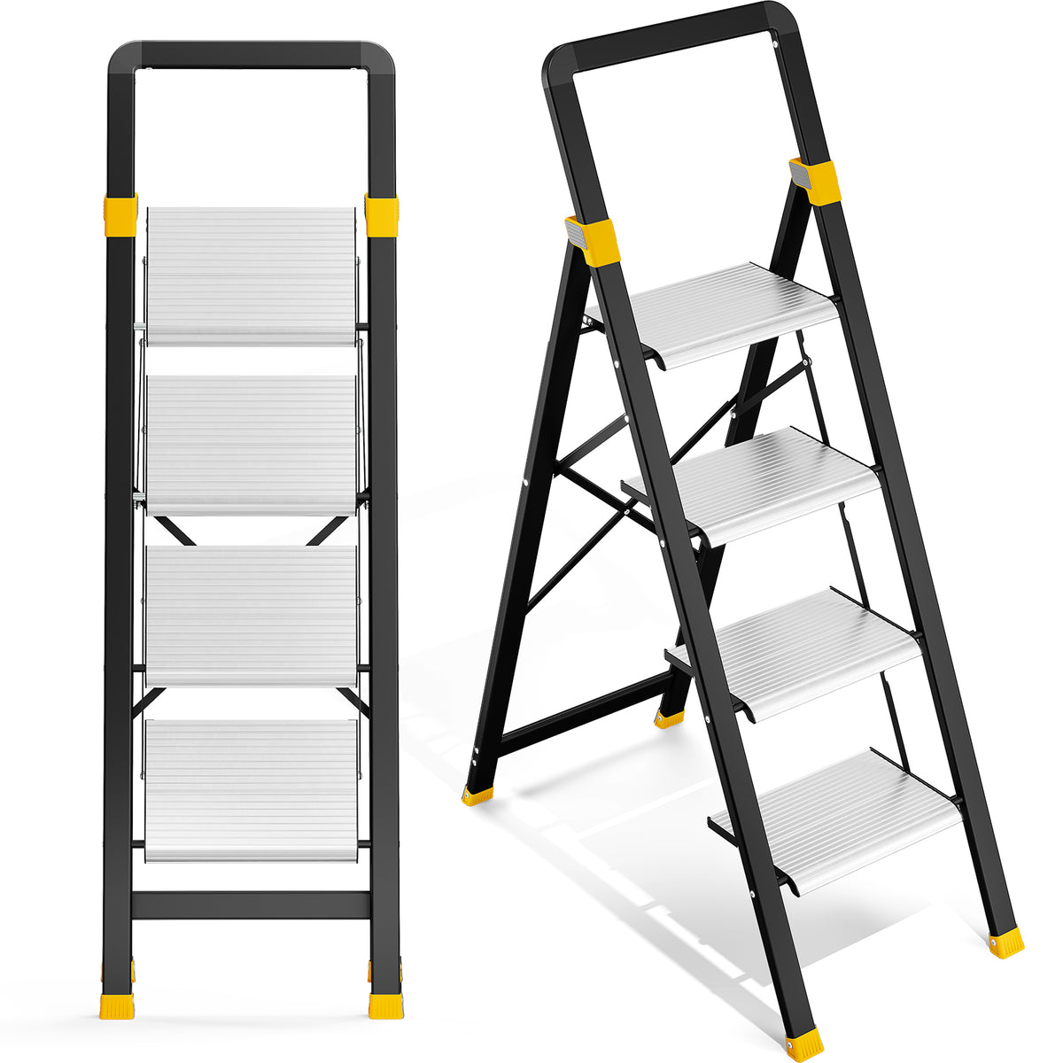 KINGTIDY 4 Step Ladder, Sturdy Aluminium Ladder with Anti-Slip Pedal, 330lbs, Portable Ladder for Home Kitchen Office, Silver