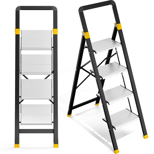 KINGTIDY 4 Step Ladder, Sturdy Aluminium Ladder with Anti-Slip Pedal, 330lbs, Portable Ladder for Home Kitchen Office, Silver