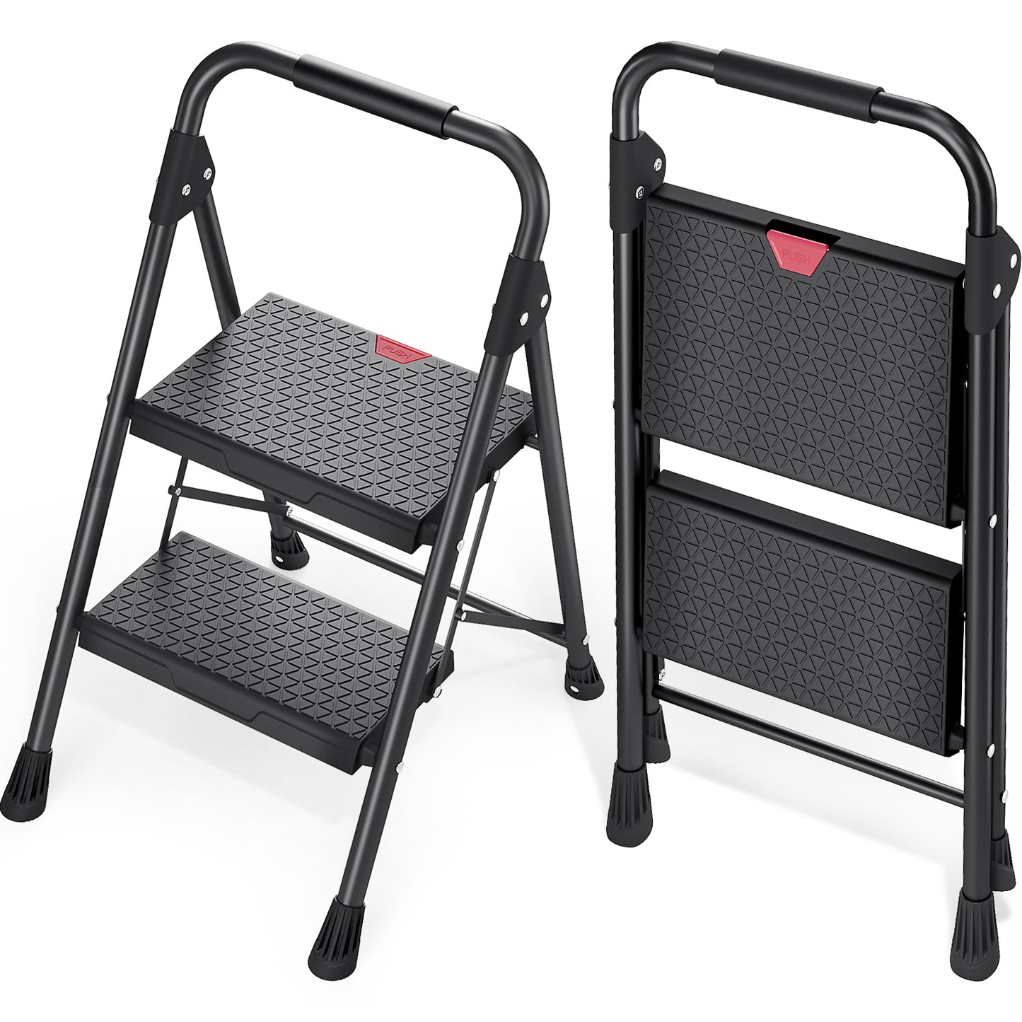 KINGRACK 2 Step Ladder, Folding Step Stool with Handrails, Black