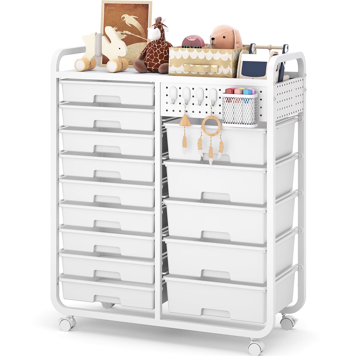 BEHERZT 14 Drawer Rolling Cart with Tabletop & DIY Pegboard, Storage Carts with Wheels, Organizers Utility Cart, White