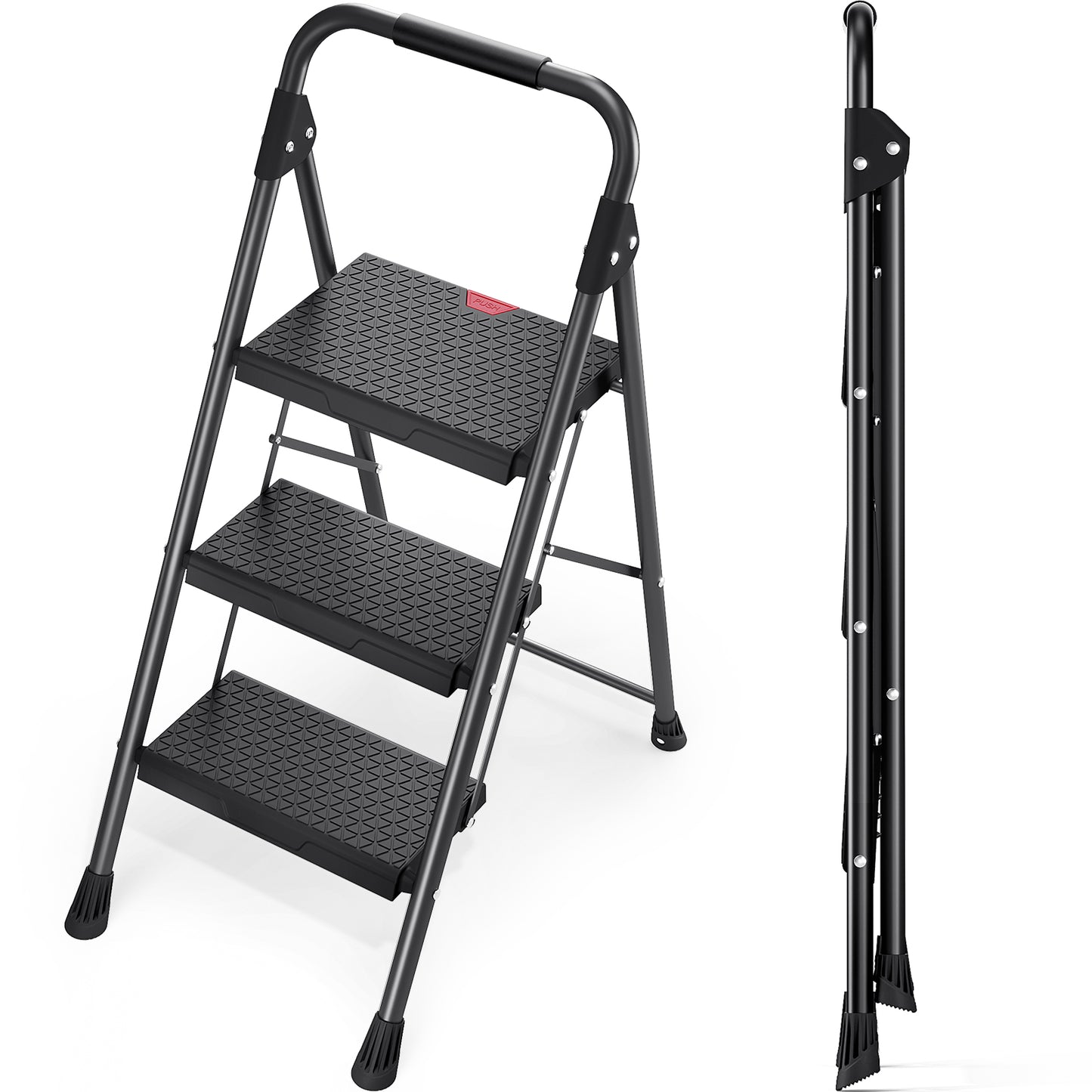 KINGRACK 2 Step Ladder, Folding Step Stool with Handrails, Black