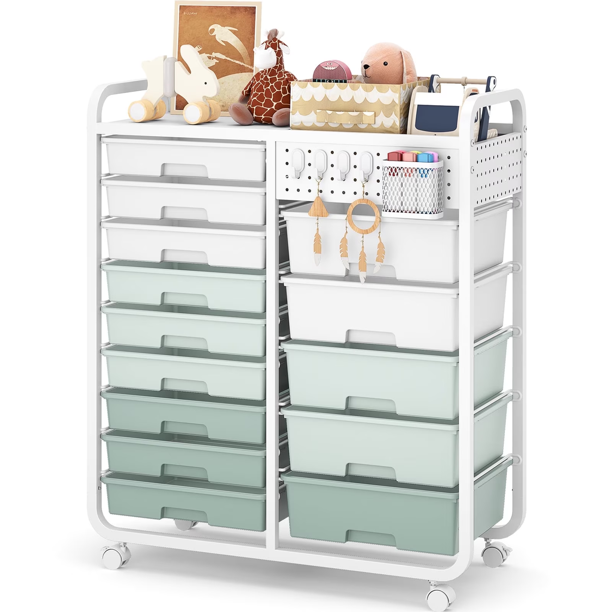 BEHERZT 14 Drawer Rolling Cart with Tabletop & DIY Pegboard, Storage Cart with Wheels, Organizers Utility Cart, Green