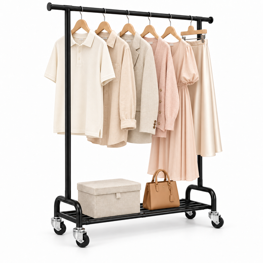 KINGTIDY Clothes Rack with Wheels, Portable Garment Rack for Bedroom, Closet, 42.3" x 16.3" x 62.59", Black