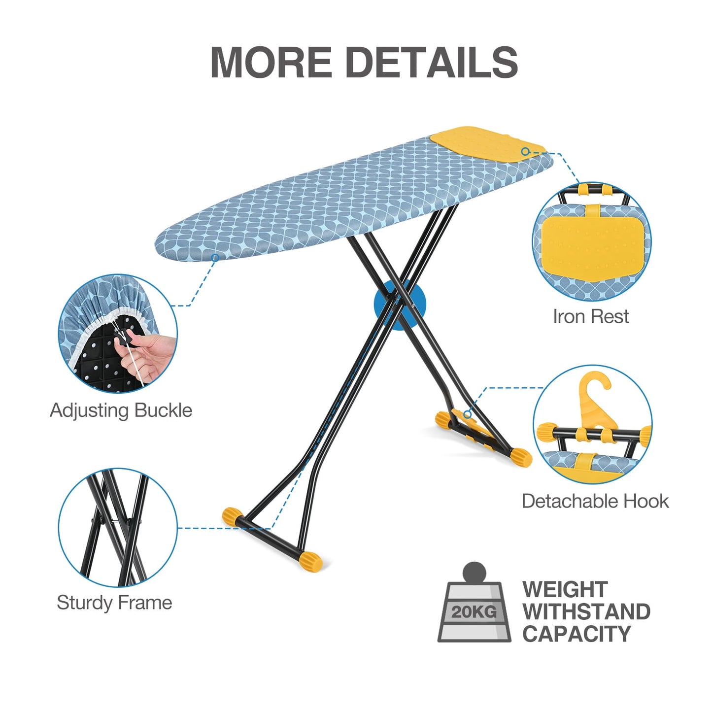 KK KINGRACK Ironing Board, Iron Board Full Size with Hanger & Rotating Nonslip Feet, 7 Level Height Adjustable, 43x13 in, Yellow (P1343HT-19-28Y)