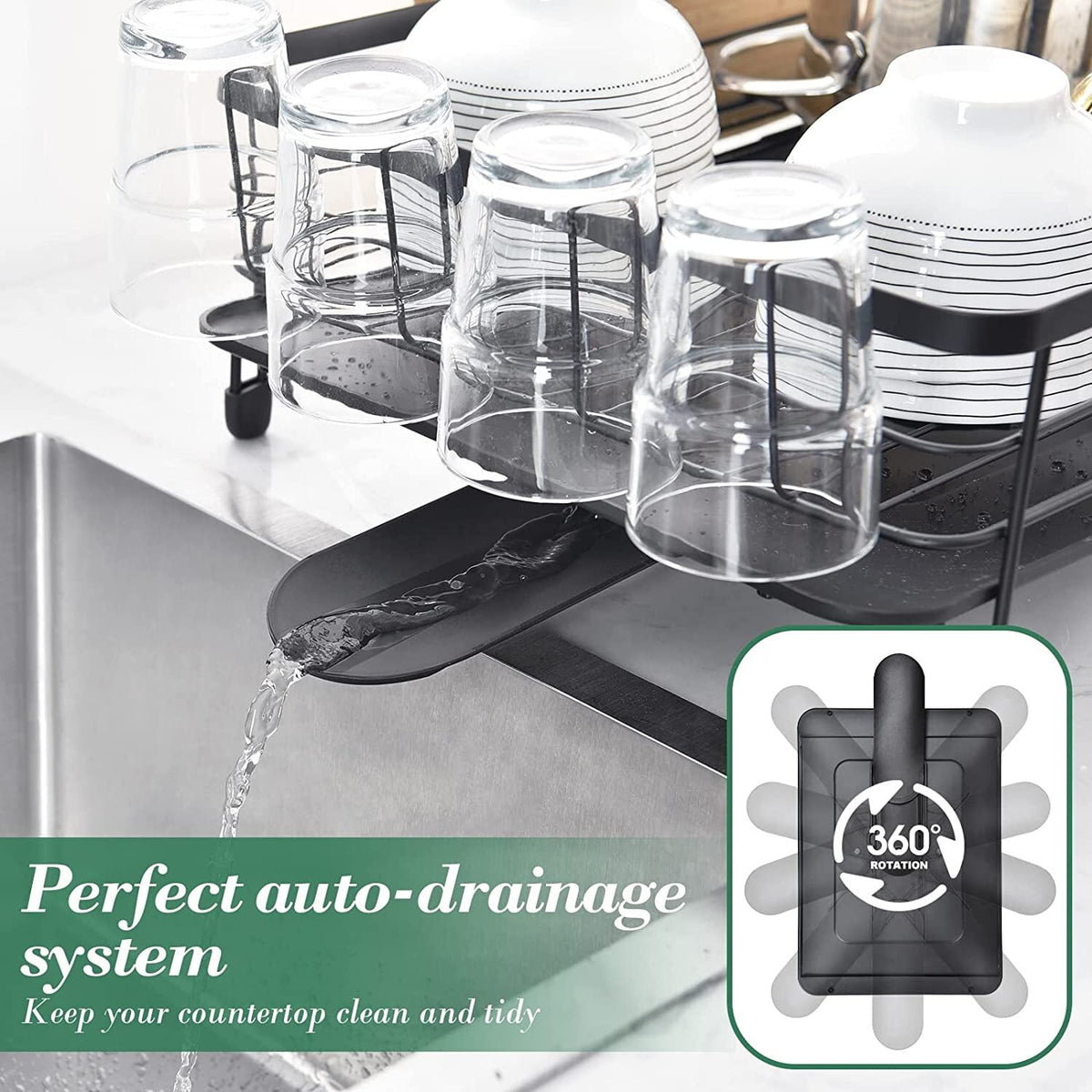 TOOLF Dish Drying Rack, 3-Tier Foldable Drying Rack for Kitchen with Tray and Utensil Holder, 16.89"L x12.64"W x6.81"H, Black(WK810680)