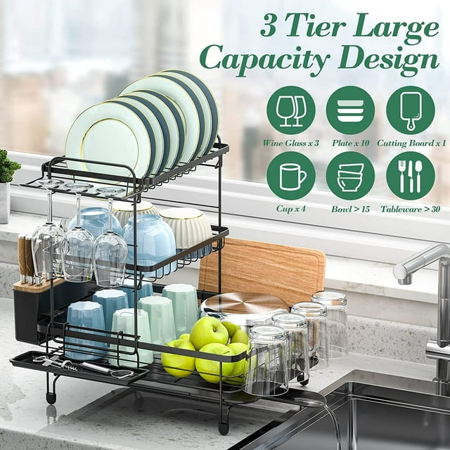 TOOLF Dish Drying Rack, 3-Tier Foldable Drying Rack for Kitchen with Tray and Utensil Holder, 16.89"L x12.64"W x6.81"H, Black(WK810680)