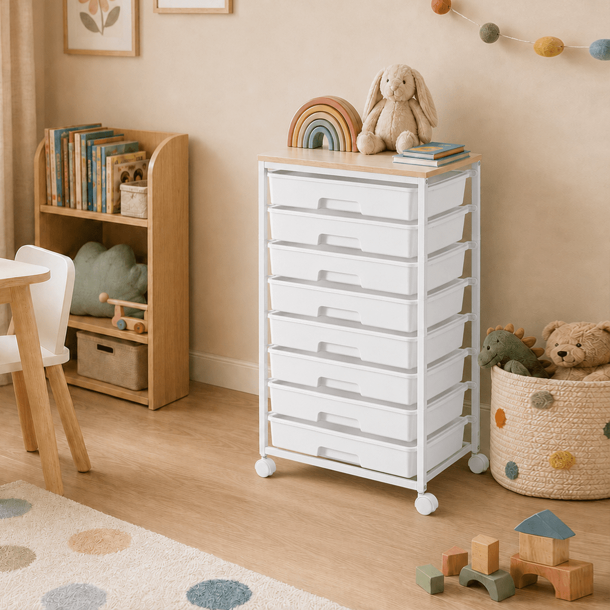 KK KINGRACK Storage Rolling Drawer Cart, Drawer Organizer with 8 Drawers and Wooden Tabletop, Metal & Plastic, White