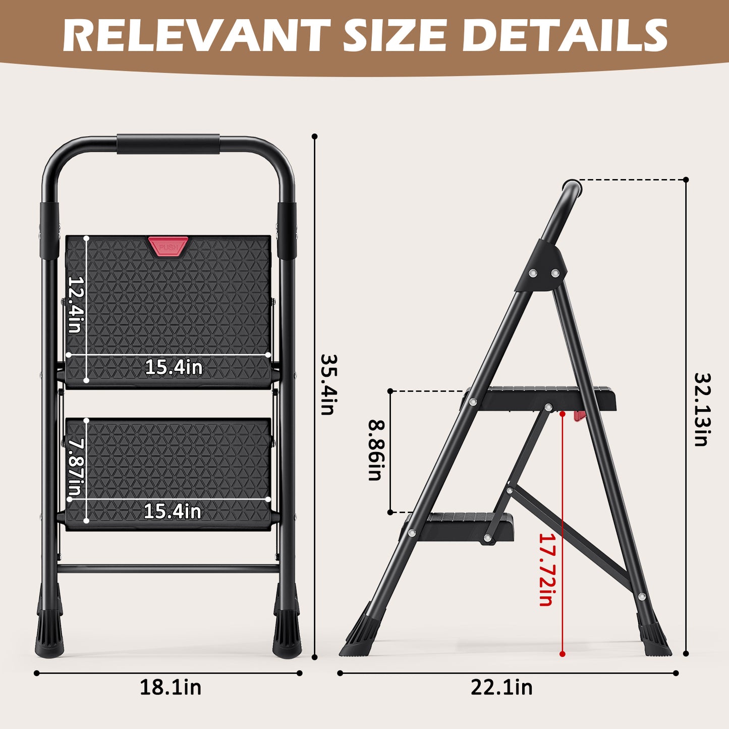 KINGRACK 2 Step Ladder, Folding Step Stool with Handrails, Black