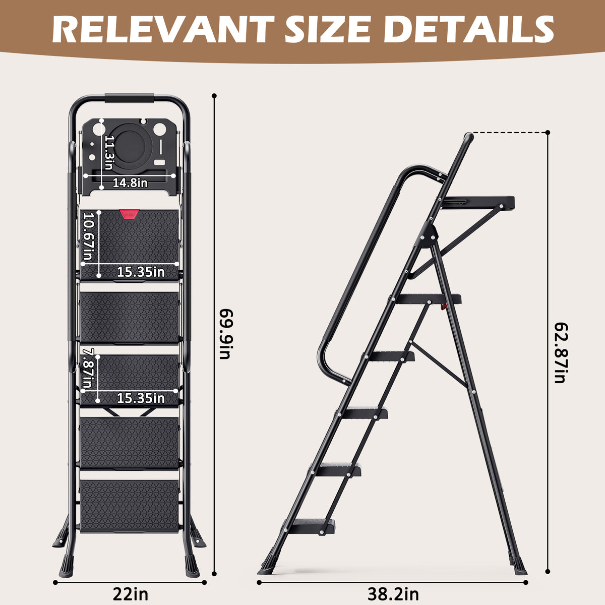 KINGRACK 2/3/4/5 Step Ladder, Folding Step Stool with Handrails, Black