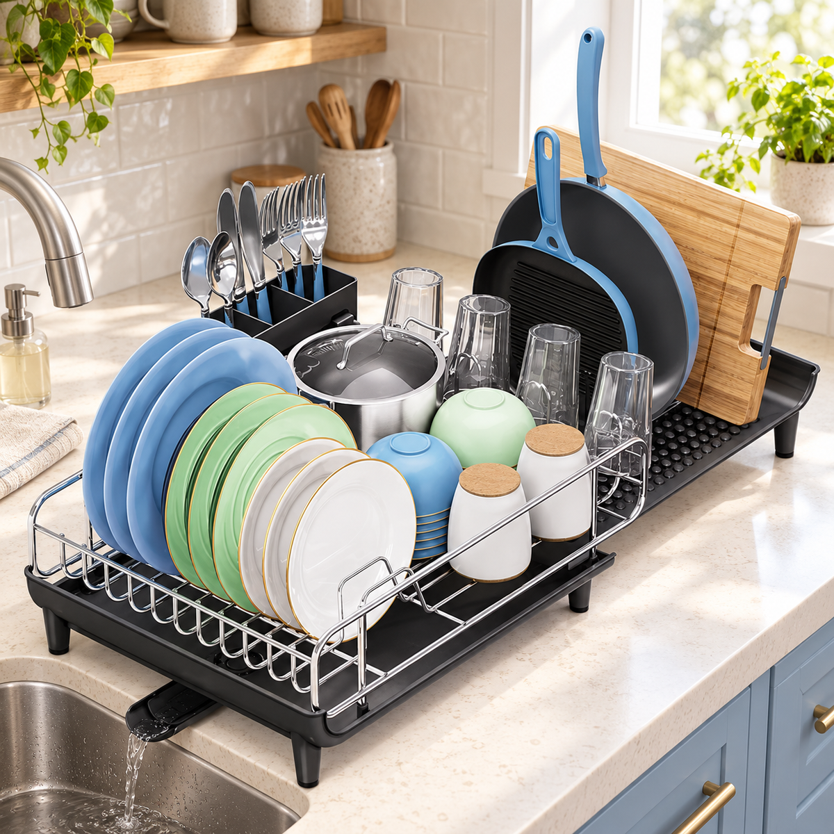 BEHERZT Expandable Dish Rack, Dish Drying Rack for Kitchen Counter, Stainless Steel Dish Drainer Racks