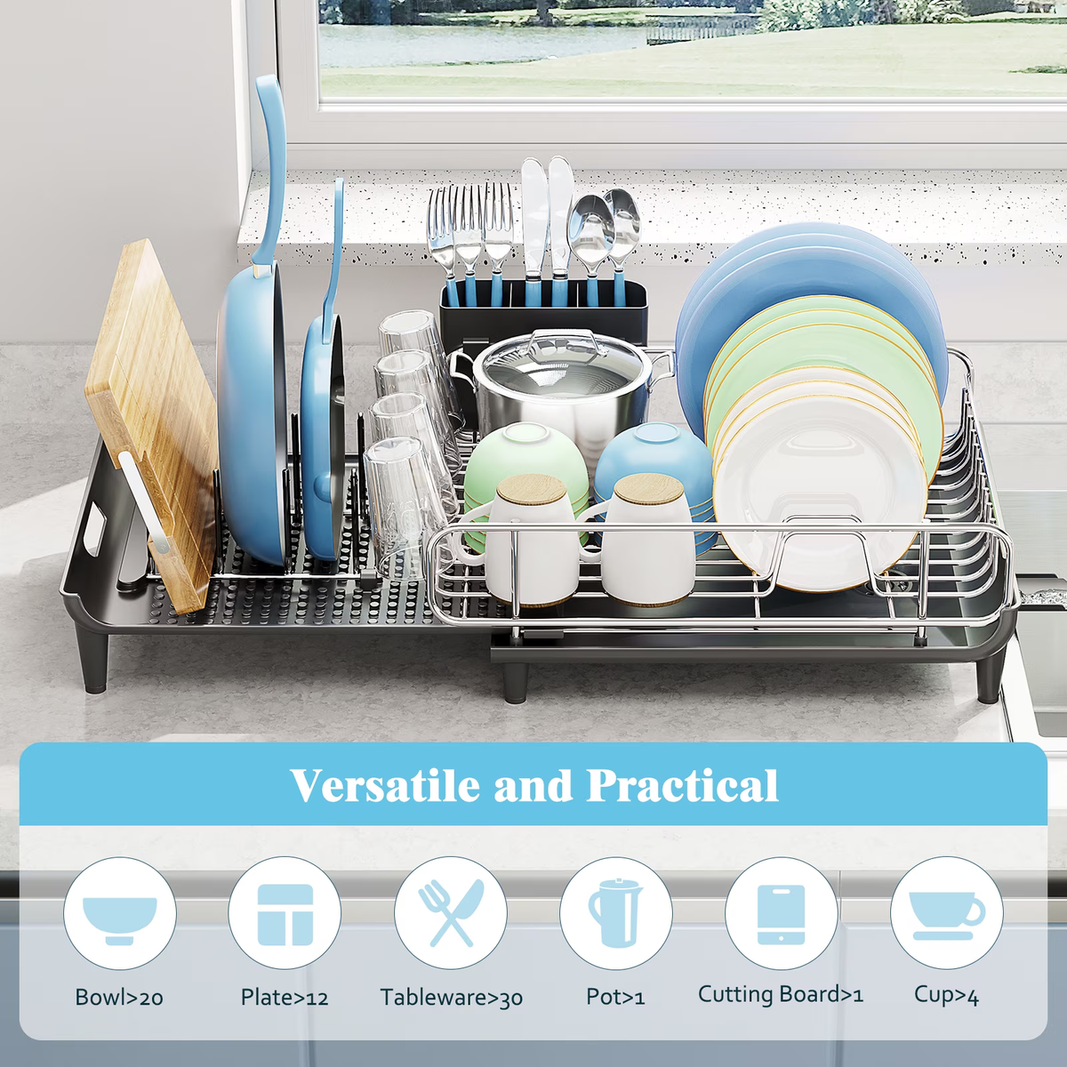 BEHERZT Expandable Dish Rack, Dish Drying Rack for Kitchen Counter, Stainless Steel Dish Drainer Racks