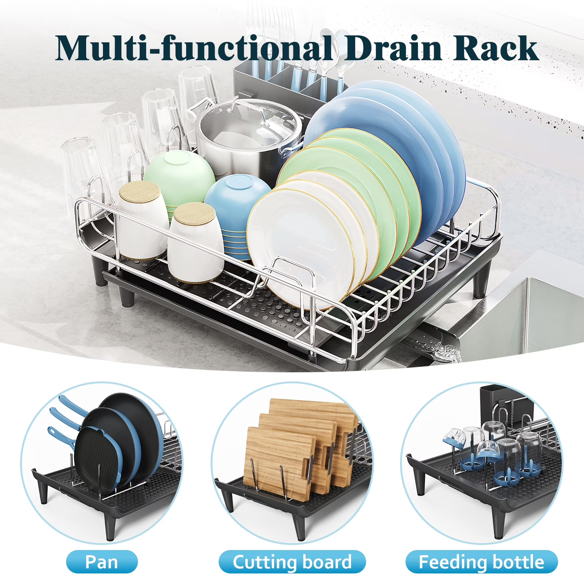 BEHERZT Expandable Dish Rack, Dish Drying Rack for Kitchen Counter, Stainless Steel Dish Drainer Racks