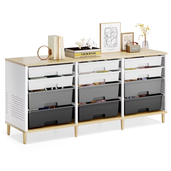 BEHERZT Sideboard Storage Cabinet with 12 Drawers , for 32-45'' TV Stand , Fluted Modern Buffet Cabinet for Living Room, Bedroom , School, Gray