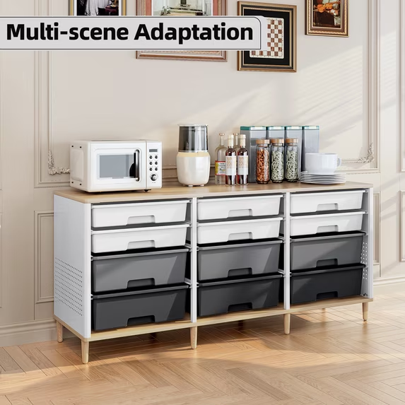 BEHERZT Sideboard Storage Cabinet with 12 Drawers , for 32-45'' TV Stand , Fluted Modern Buffet Cabinet for Living Room, Bedroom , School, Gray