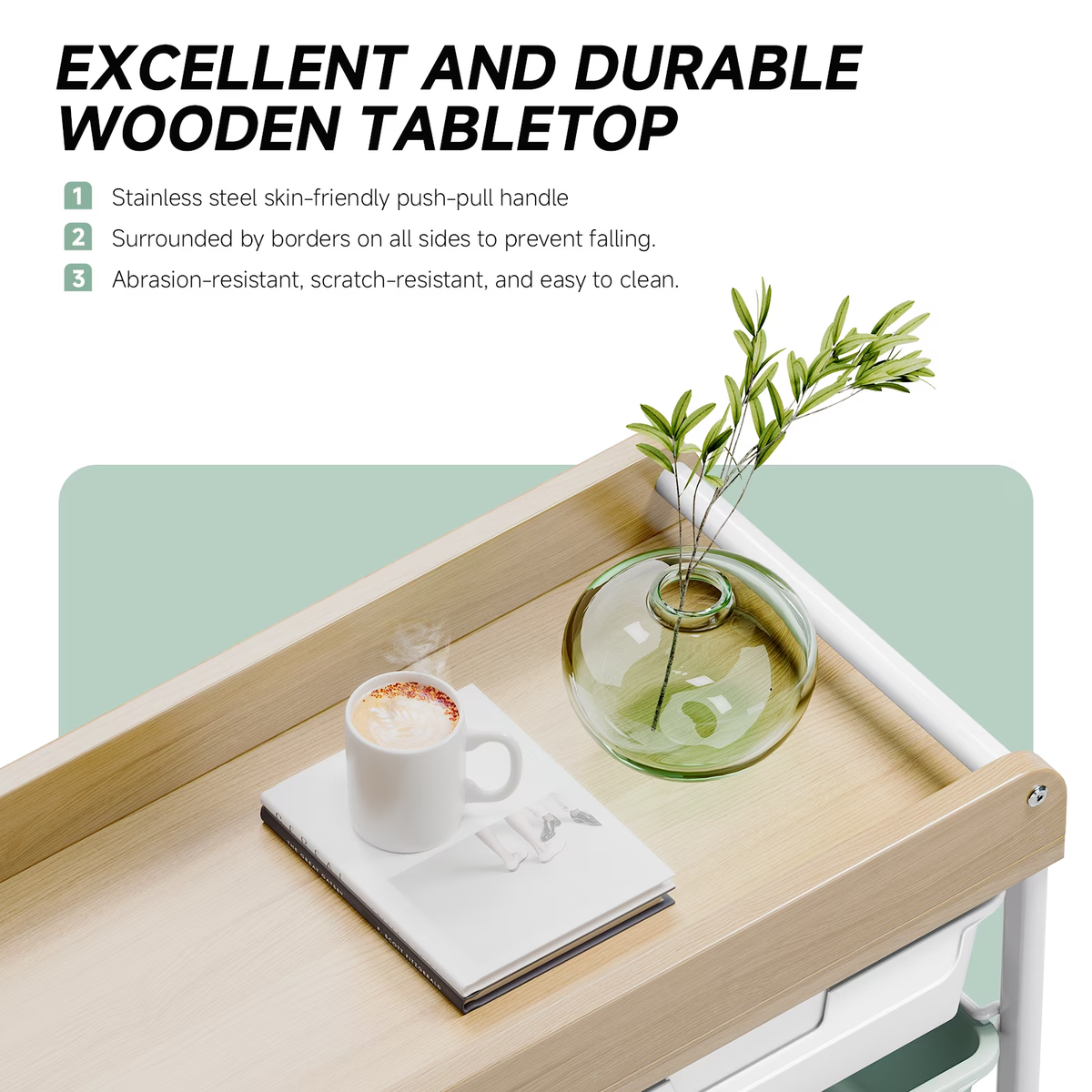 BEHERZT Rolling Storage Cart with 10 Large Drawers, Utility Cart with Wooden TableTop for Craft Organizers, Green
