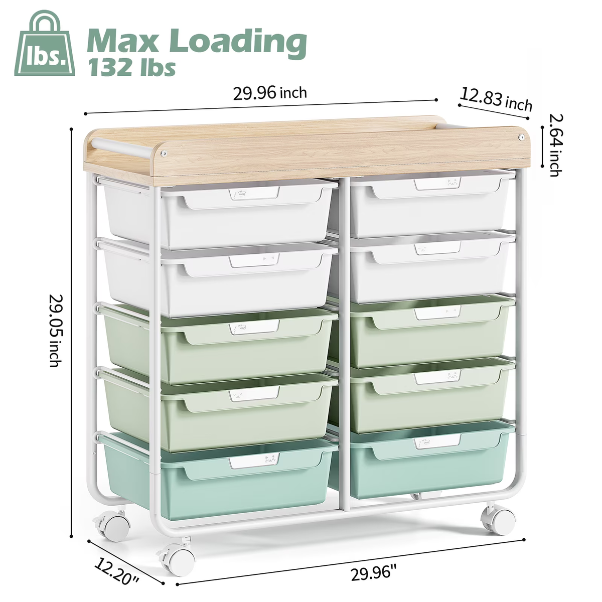BEHERZT Rolling Storage Cart with 10 Large Drawers, Utility Cart with Wooden TableTop for Craft Organizers, Green